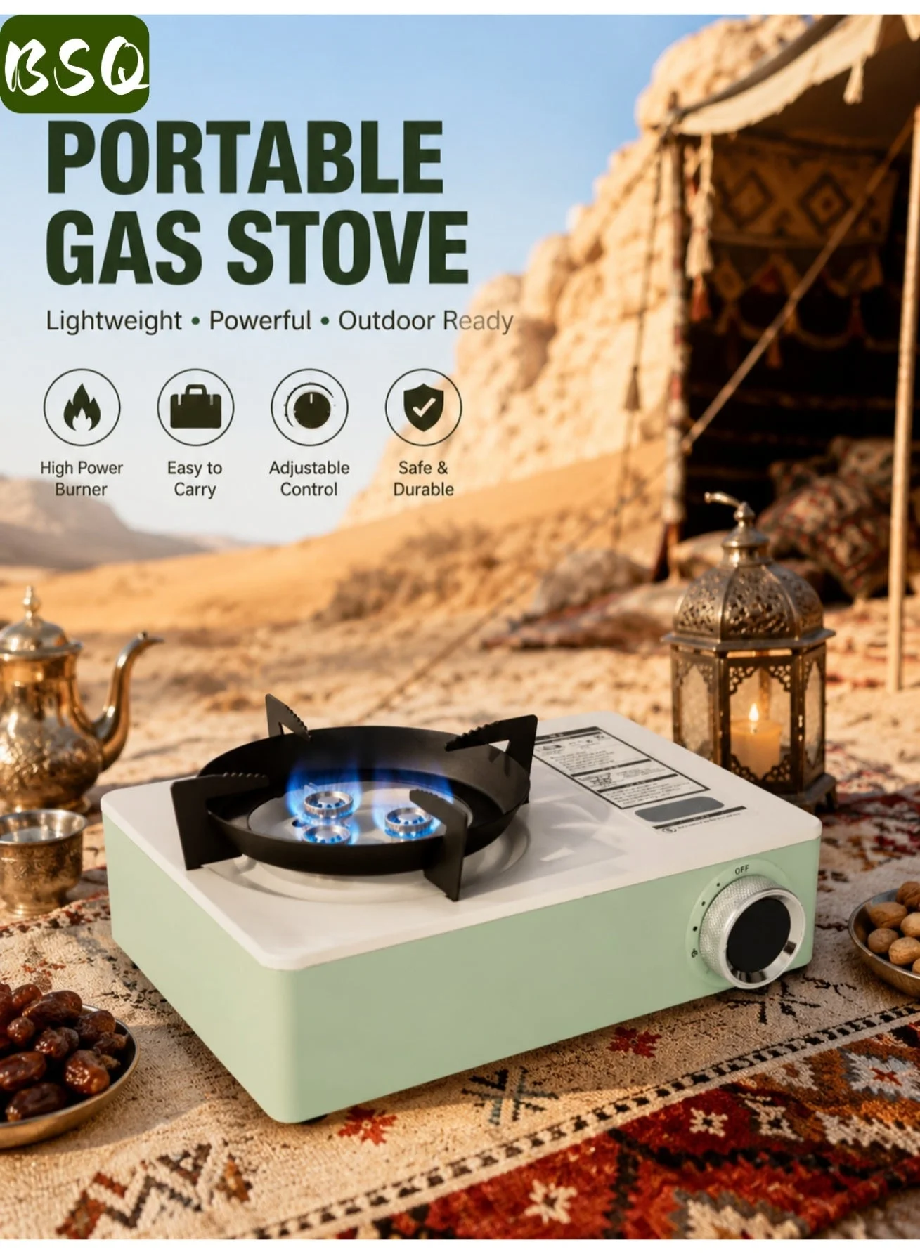 BSQ Portable Three-Burn Windproof Camping Stove with Piezoelectric Ignition and Storage Case (Dual Fuel Compatible) y3bxa