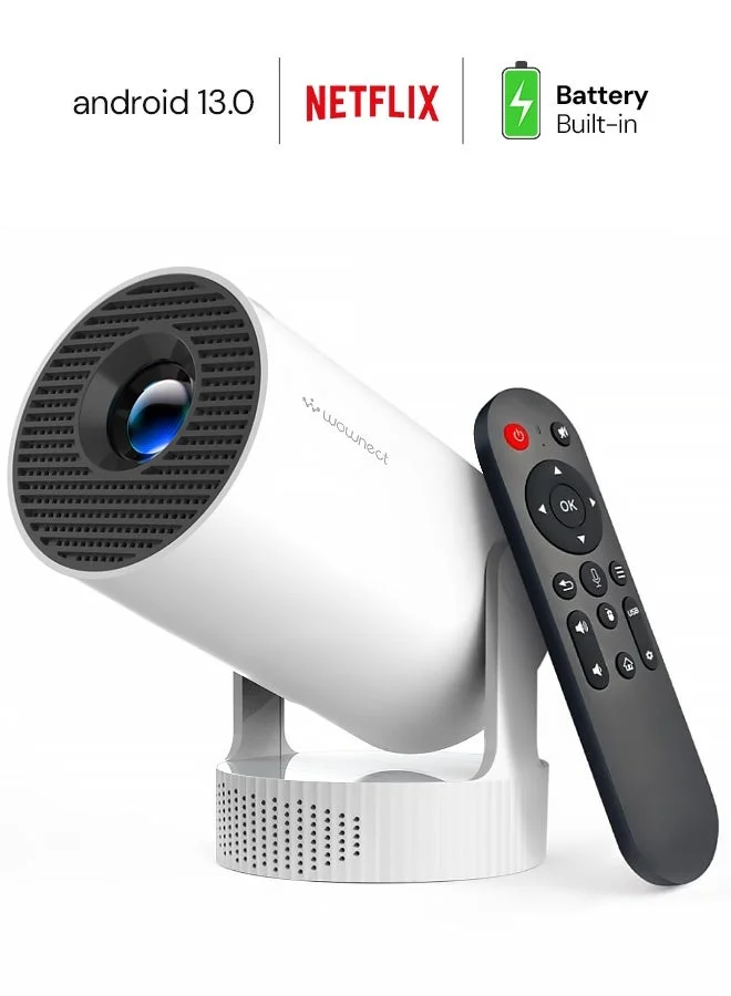 Wownect Portable Smart Projector (Android 13, 4K Support, 12000mAh Battery, 180 ANSI Lumens, White, 130-inch Display) 98d37