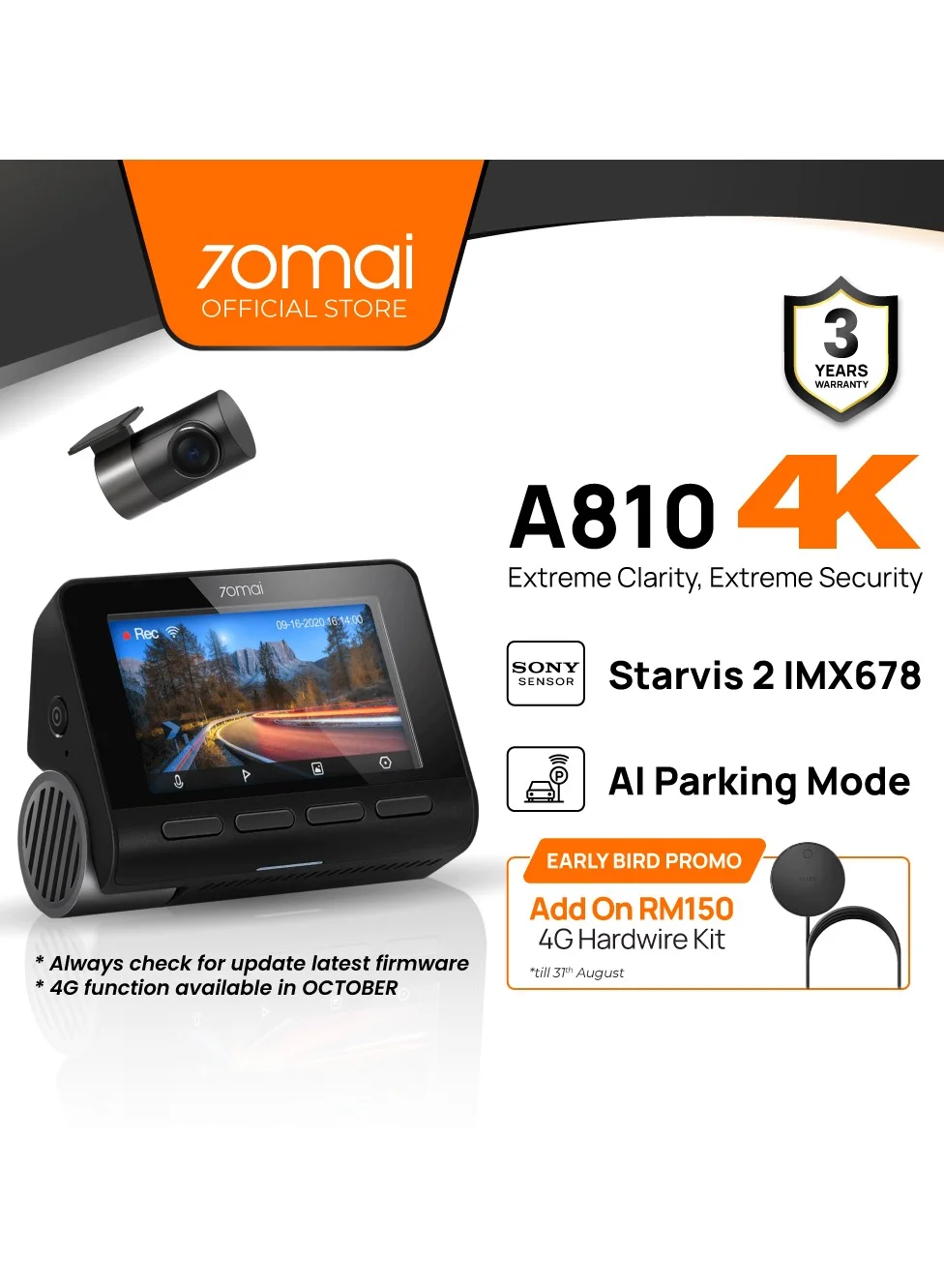70mai 4K HDR Dash Cam A810 with Starvis 2 Sensor Premium Vehicle Recording System (1 Unit) 4704k