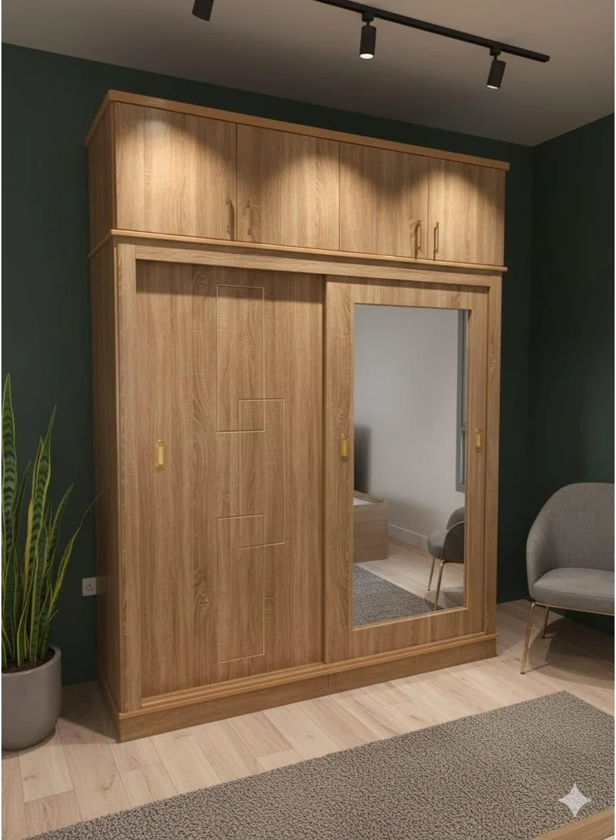 Al Zakharef Furniture 4 Door Sliding Wardrobe with Top Mirror Premium MDF Wood Storage Cabinet (3D65, 260x200x60 cm) 8xb7j