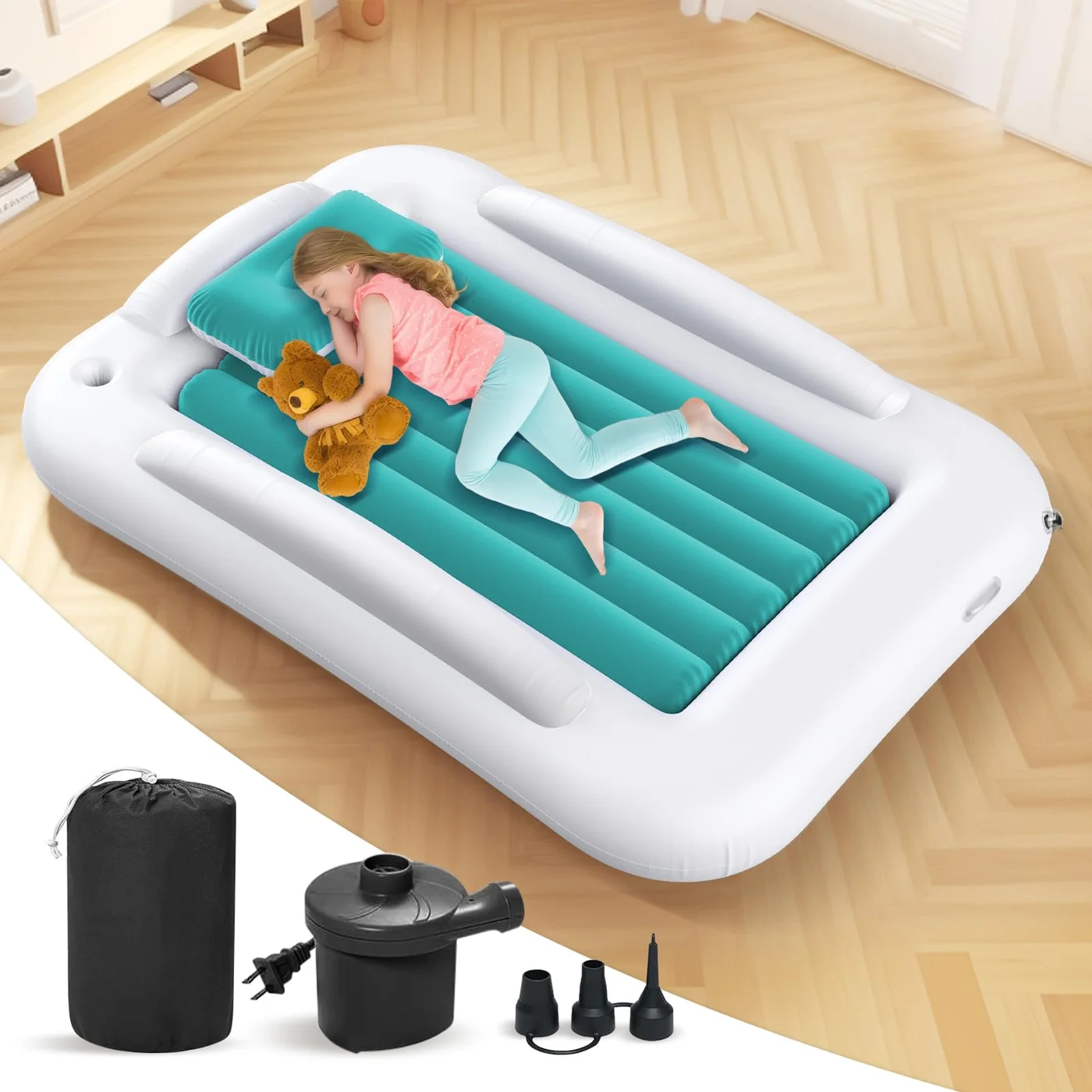 Deeteck Inflatable Toddler Travel Bed with Safety Sides and High-Speed Pump (Teal Blue, 152 cm) sxfek