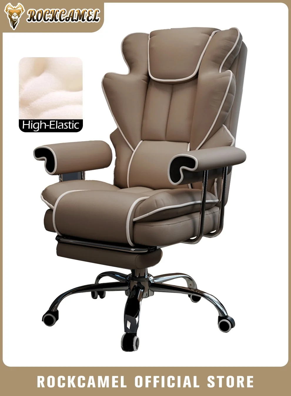 ROCKCAMEL Ergonomic Gaming Chair with Retractable Footrest, High Back PU Leather Office Chair with Lumbar Support (Black, 125 cm) gf6i8