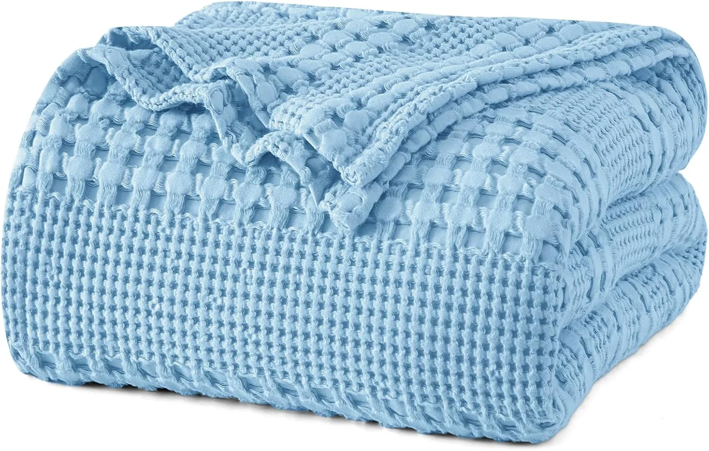 PHF Cotton Waffle Weave Blanket Premium Lightweight Breathable Throw for Bed and Sofa (Sky Blue, 230cm x 275cm) ygito