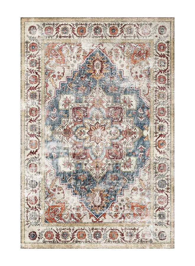 Noon East Boho Chic Area Rug Anti-Slip Floor Carpet for Living Room and Bedroom (Beige & Blue, 183 x 275 cm) 8y199