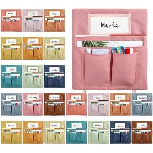 Classroom Chair Pockets Organizer Set with Name Tags (24 Pack, 33 x 35 cm) Boho Style Storage Pouch for Students and Kindergarten 9137n