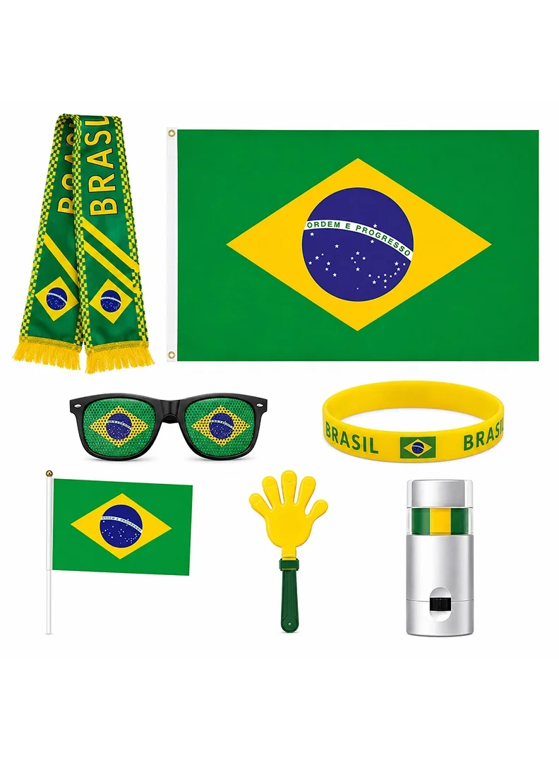 Brazil Football Fan Kit 7-in-1 Supporter Cheering Accessories Set with Flag Scarf and Face Paint (One Size) 8doot