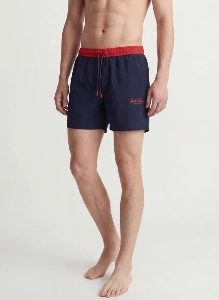 JACK & JONES Casual Drawstring Swim Shorts Quick-Dry Lightweight Beachwear for Men (Navy Blue, Large) uy103