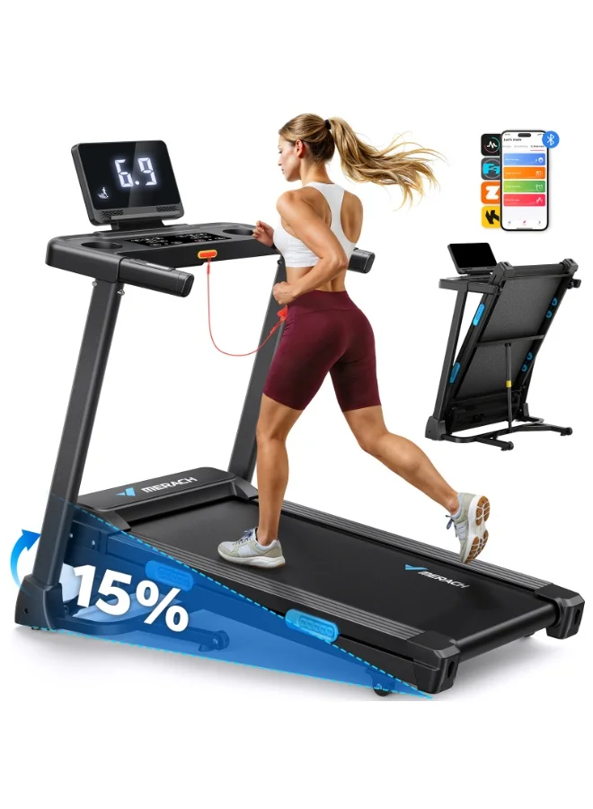 MERACH Foldable Incline Treadmill for Home Fitness, 3.0HP Motor, 136kg Capacity, Automatic Incline, LED Display with App Connectivity (Black, 1 Unit) m4bt8